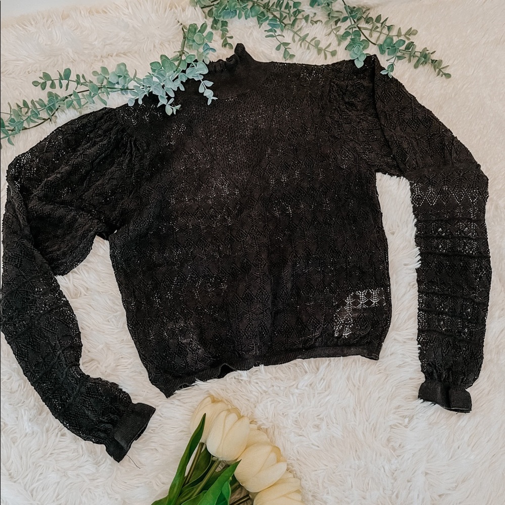 Zara black lace balloon sleeve high next top NWT